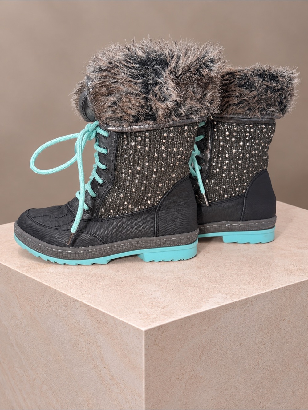Justice Black Rhinestone Faux Fur Winter Snow Boots – Aqua Lace Up